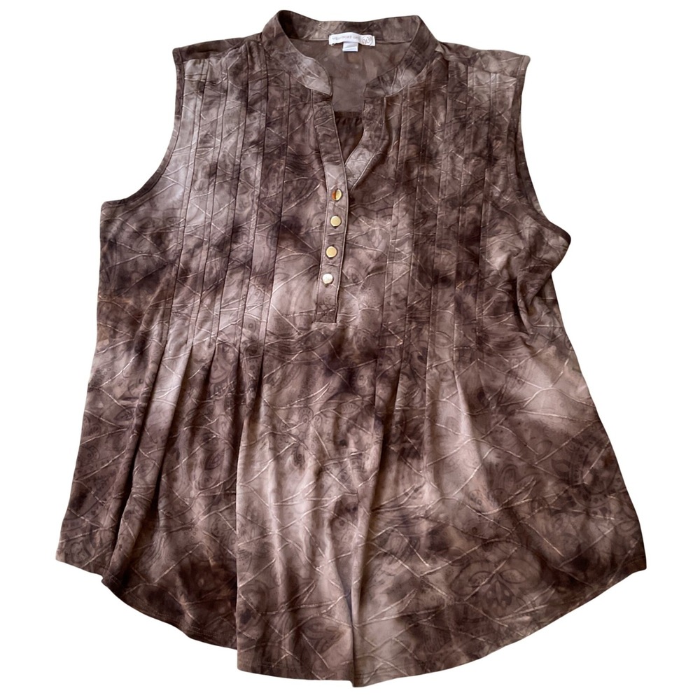 Westport 1962 Brown Marble Paisley Pintuck Sleeveless Blouse Button Neck Top M